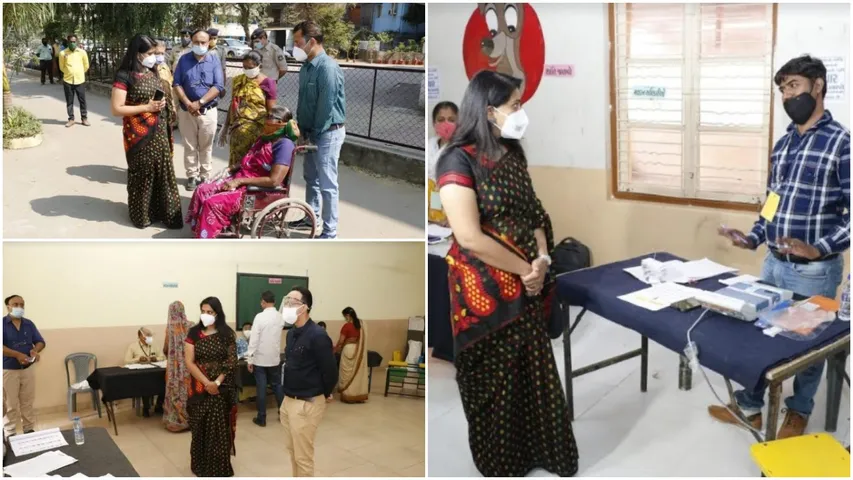 Vadodara city Election Officer Shalini Agarwal interact with blind woman voter Chandan Gohil
