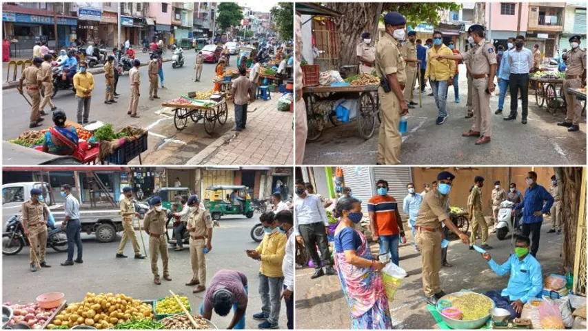 Vadodara police and corporation team spread awareness of covid guidelines in vegetable markets in city police station area