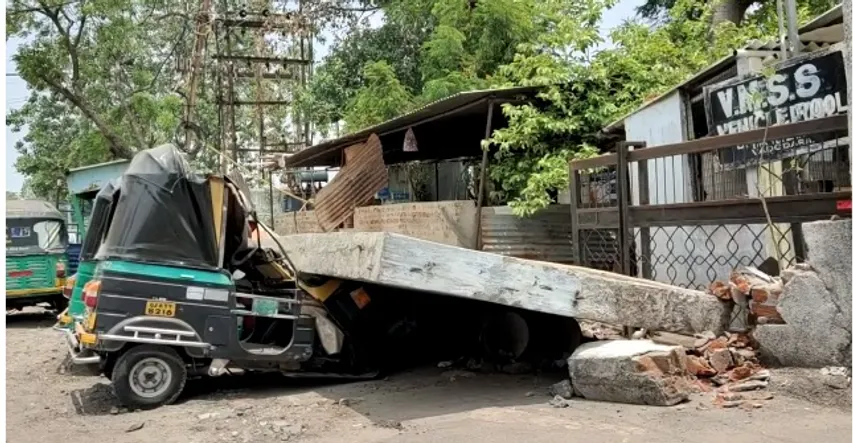 Vehicles and cabins damaged in wall collapse at corporation vehicle pool in Vadodara