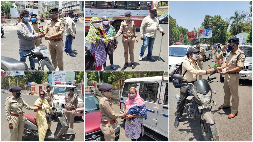 Vadodara police honoured people wearing double mask with a rose