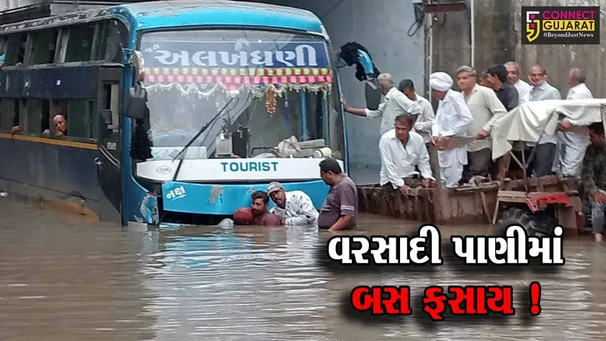 જુનાગઢ: વિસાવદર ધારી બાયપાસમાં યાત્રિકો ભરેલ ખાનગી બસ પાણીમાં ફસતા દોડધામ,ટ્રેક્ટર દ્વારા મુસાફરોની બહાર કઢાયા