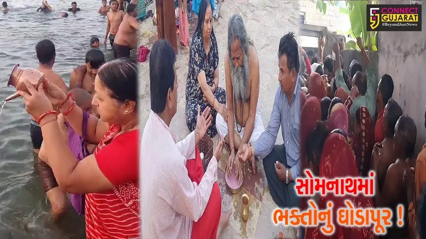 ગીરસોમનાથ: શ્રાવણી અમાસ નિમિત્તે ત્રિવેણી સંગમ ખાતે પિતૃ તર્પણ માટે મોટી સંખ્યામાં શ્રદ્ધાળુઓ ઉમટ્યા