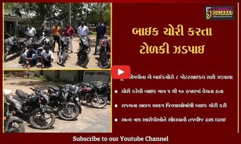 નર્મદા : રાજ્યના અલગ અલગ જિલ્લાઓમાં બાઇક ચોરી કરતી ટોળકીના બે સભ્યો પોલીસ ગિરફતમાં, 8 બાઈકો સાથે આરોપીઓ ઝડપાયા