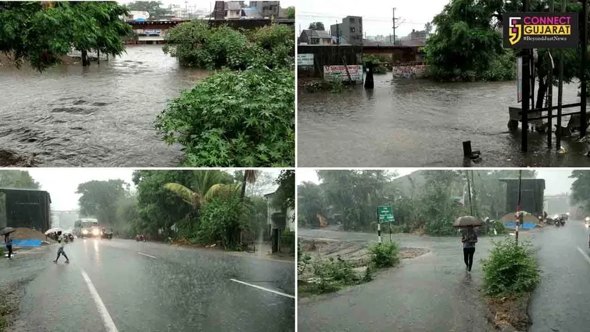 નવસારીઃ રેલવે ટ્રેકમાં પાણી ભરાતા ટ્રેન વ્યવહાર ખોરવાયો, ગરનાળામાં વાહનો બંધ