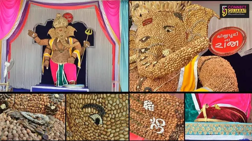 ભરૂચમાં POPના ઉપયોગ વિના ઠળીયા અને વાંસ પટ્ટીના તૈયાર થયેલ ૧૧ ફૂટના ઇકોફ્રેન્ડલી શ્રીજી