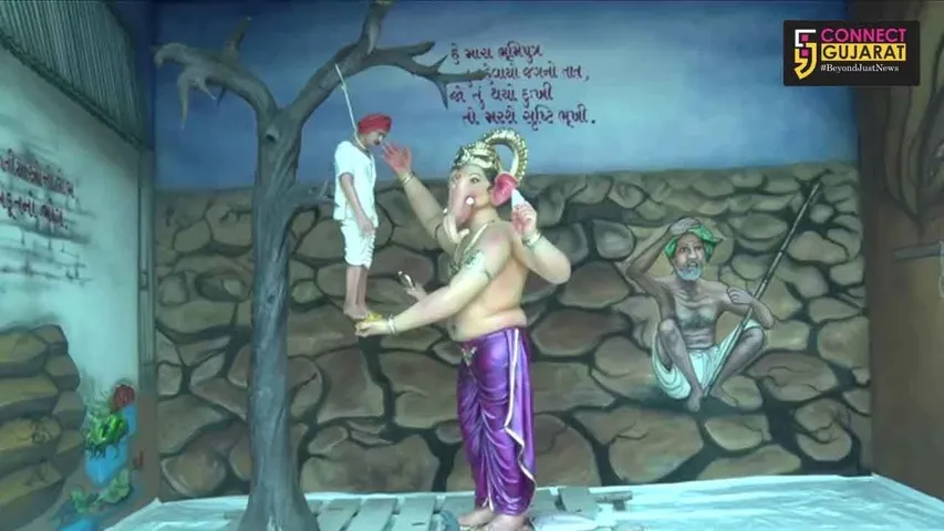 વડોદરાઃ ખેડૂતોની વેદના વ્યક્ત કરતા શ્રીજી, સાંપ્રત પરિસ્થિતિને પ્રસ્તુત કરતું ડેકોરેશન