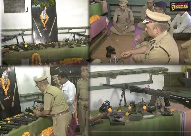 રાજકોટઃ પોલિસ દ્વારા કરવામાં આવ્યું શસ્ત્ર પુજન, ઉચ્ચ અધિકારીઓ રહ્યા હાજર