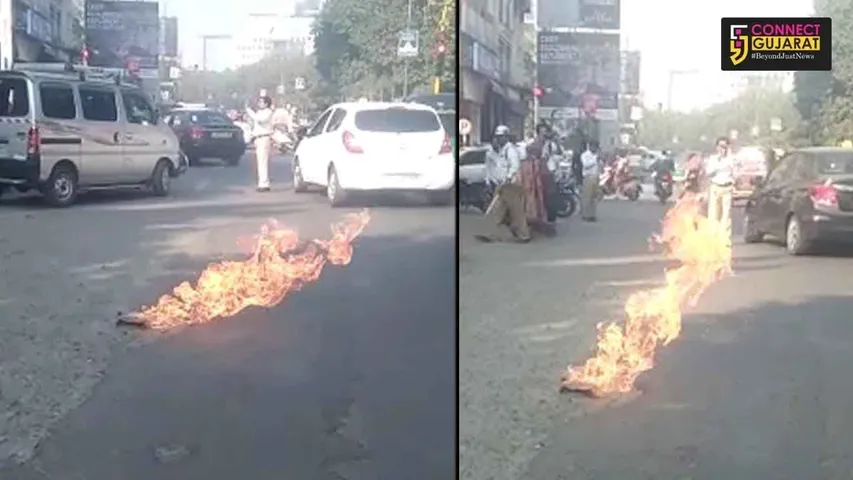 વડોદરાઃ ટ્રાફિકથી ધમધમતા રસ્તા ઉપર નીકળી આગની જ્વાળાઓ, સર્જાયું કુતૂહલ