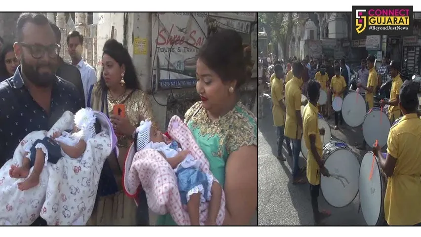 હીરા નગરી સુરતમાં જોડીયા દીકરીનો જન્મ થતા પરિવારે વરઘોડો કાઢી કરી ઉજવણી