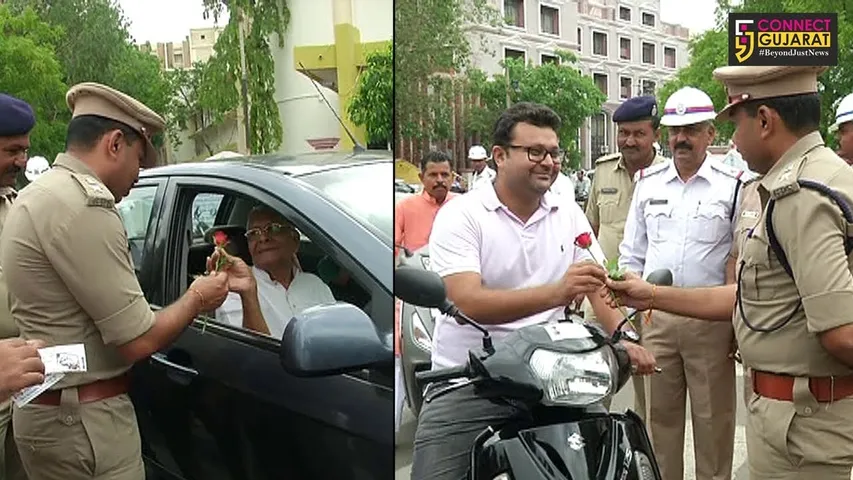 રાજકોટ પોલીસે ઉજવ્યો ‘નો દંડ’ ડે, દંડની પહોંચની જગ્યાએ આપ્યું ગુલાબ, બોલપેન અને સ્ટીકર