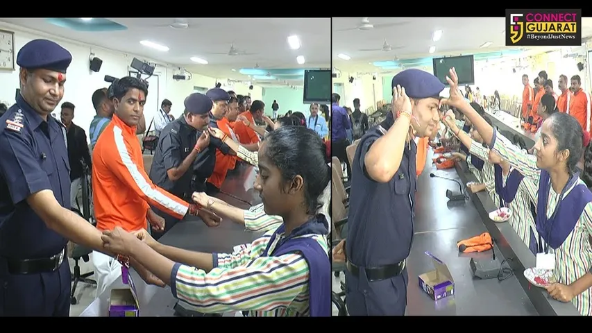 રાજકોટ: કલેકટર ઓફિસમાં NDRF ની ટીમના જવાનનોને શાળાની વિદ્યાર્થીનીઓએ બાંધી રાખડી