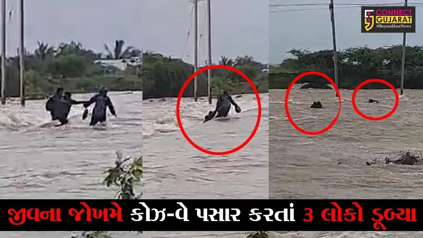 દેવભૂમિ દ્વારકા : જીવના જોખમે કોઝ-વે પસાર કરતાં 3 લોકો ડૂબ્યા, કારચાલક પણ ફસાયો પાણીમાં..!