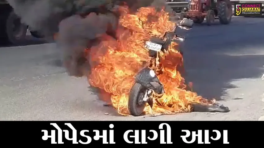 સાબરકાંઠા: પ્રાંતિજ ને.હા. 8 ના ઓવરબ્રીજ પાસે મોપેડમાં આગ લાગતા બળીને ખાક