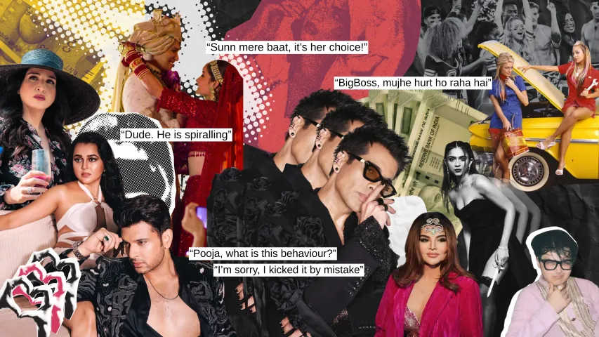 A collage of reality TV in India including Bigg Boss, Indian Matchmaking and The Traitors and