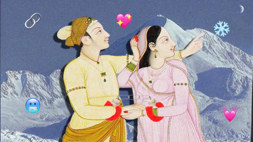 An image of a man and a woman dressed in royal Indian attire, in the cold, iced mountain area, with emoticons like a heart, a link, snow around to depict cushioning in dating and dating app fatigue India is leading to the modern dating terms India and concepts in Indian dating culture