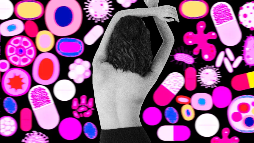 A picture of a woman's back with several colourful pills, medicines and tablets on a blac canvas in the background, suggesting autoimmune diseases in women