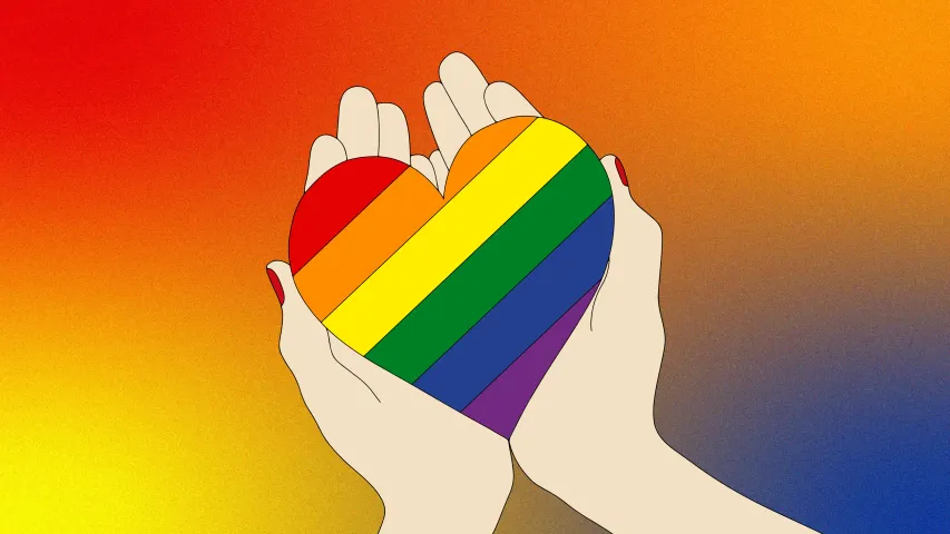 A creative where a set of palms hold a multi-coloured heart to depict how queer spaces in India are growing leading to the need for boundaries in queer spaces and measures to be taken to intervene LGBTQ harassment India