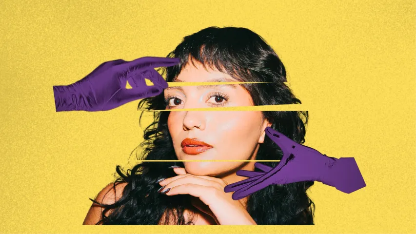 A picture of a woman's face with cutouts of two purple coloured hands against a yellow backdrop
