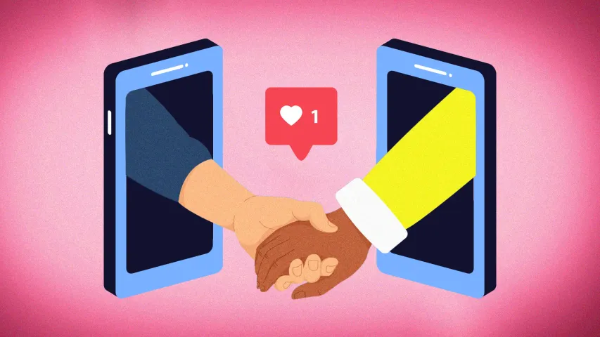 Two hands emerge from two phones, which, along with the emoticon for a like, adds to how flirting in India has changed with social media flirting, whether its Gen Z dating India or millennial dating India