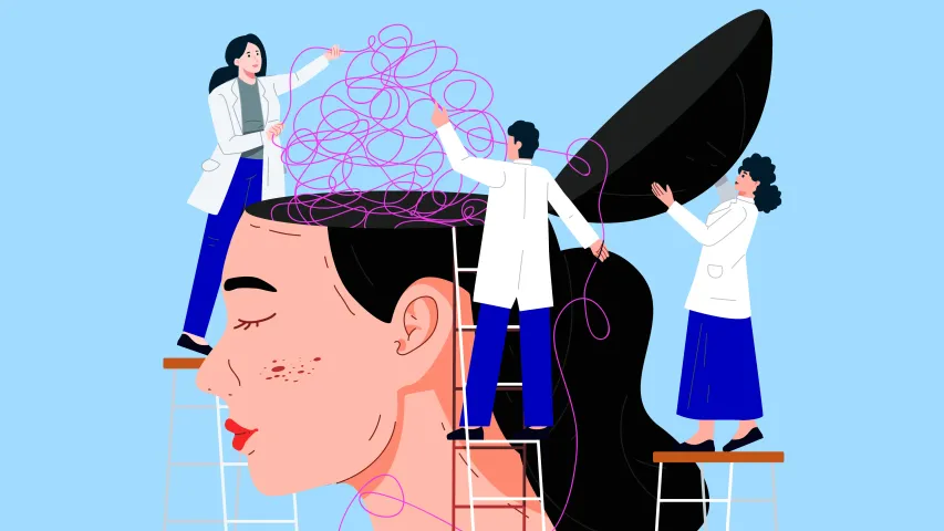 A graphical illustration of multiple mental health therapist in India dissecting a woman's brain