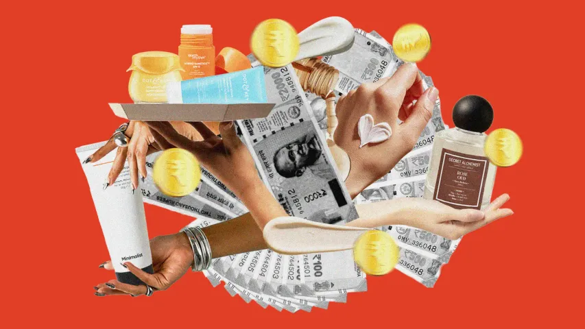A collage of money notes, and beauty products, reflecting beauty funding in India