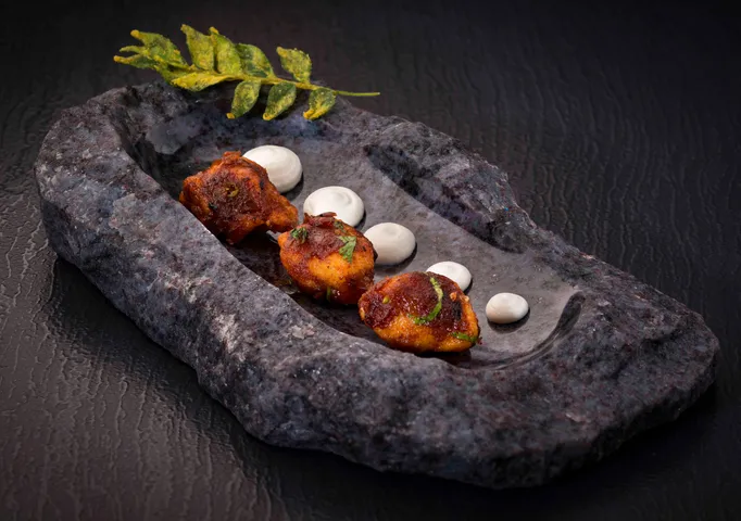 1 Stir Fried Chicken, Buttermilk mousse, curry leaf tempura