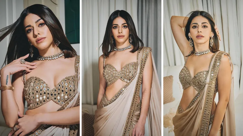 Alaya F looks stunning in a golden saree