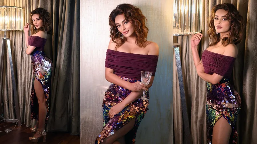 Seerat Kapoor showed her glamorous avatar in a multi-color mermaid sequin off shoulder high slit dress worth Rs 10000