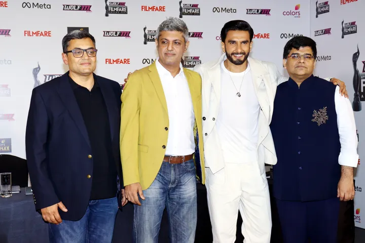 Ranveer Singh arrives at the press conference of the 67th Filmfare Awards, ready to host