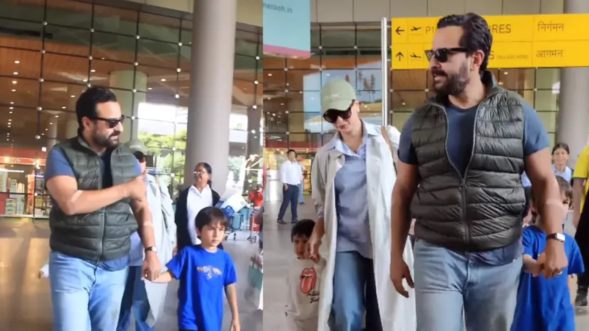 Saif Ali Khan injured during family holiday Actor seen with bandage at Mumbai airport full family kareena kapoor and son 