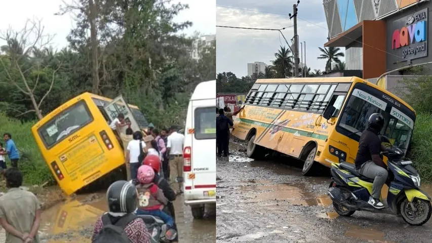 BUS FALLS INTO A POTHOLE NEAR PANATHUR