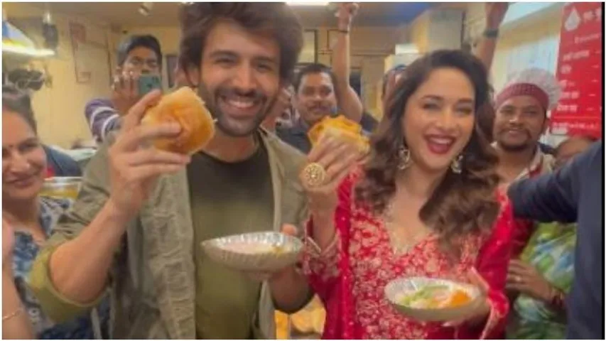 Kartik Aaryan and Madhuri Dixit relish vada pav in Pune while promoting ‘Bhool Bhulaiyaa 3’