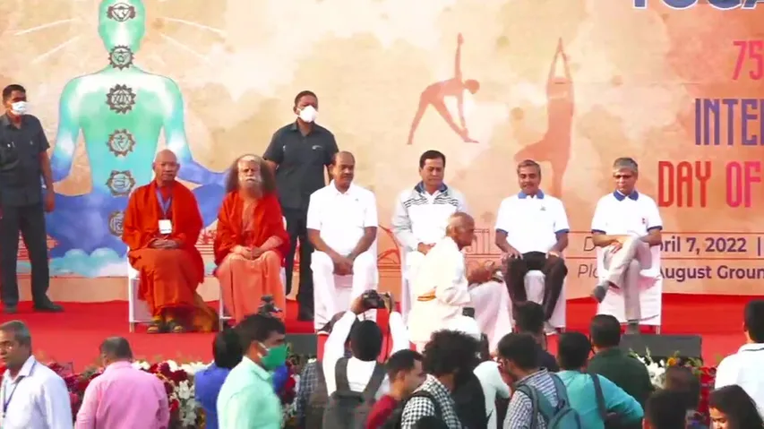 Lok Sabha speaker Om Birla and Union Minister Sarbananda Sonowal attend the 'Yoga Utsav' 