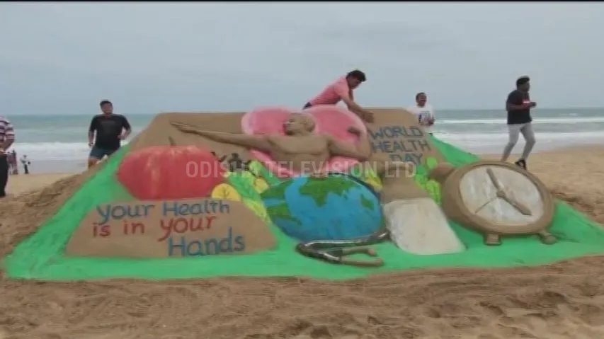 Sand Artist Manas Sahu Creates Sand Art On World Health Day In Puri Beach To Spread Awareness