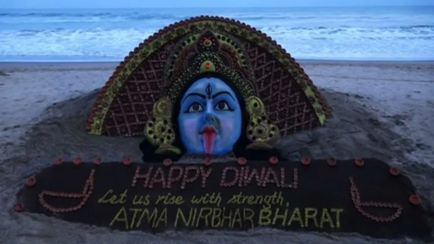 Watch sand art of Goddess Kali made with 1,000 diyas to mark Diwali in Puri