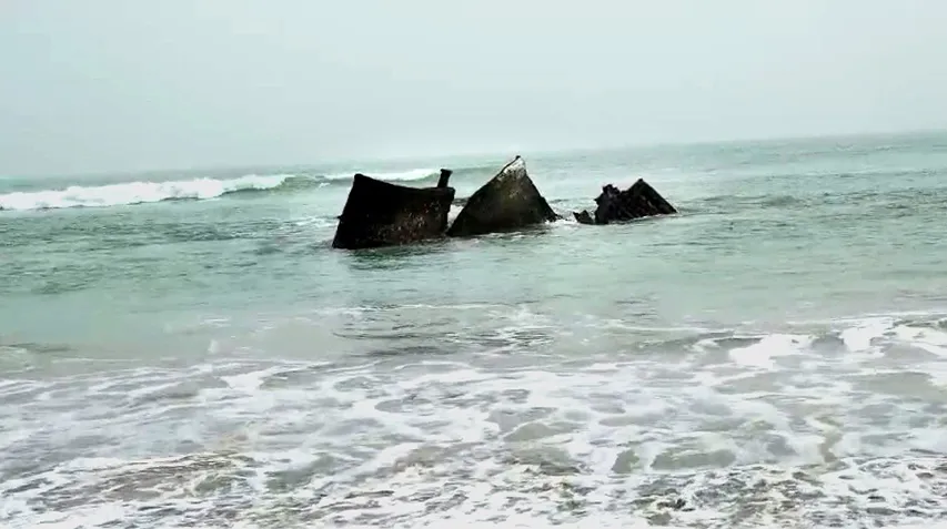 View of a ship wreckage that has appeared in Kendrapara
