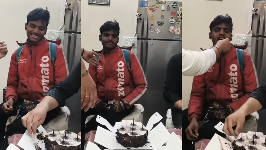 Zomato delivery boy brings cake to doorstep, gets surprised with his own birthday celebration; watch