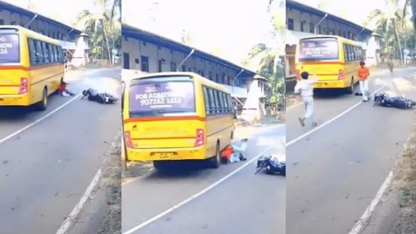 Yamraj on Leave! Youth skids off bike, nearly gets crushed under wheels of bus; watch his miraculous escape