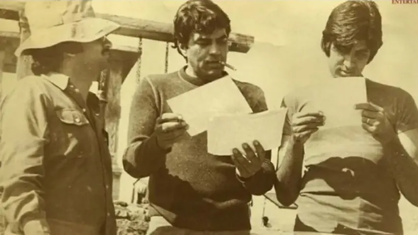 Ramesh Sippy with Dharmendra & Amitabh Bachchan on sets of Sholay