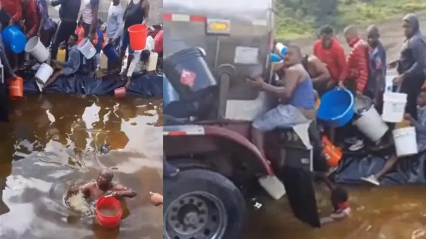 People swim in 'pool' of fuel after tanker overturns #Watch