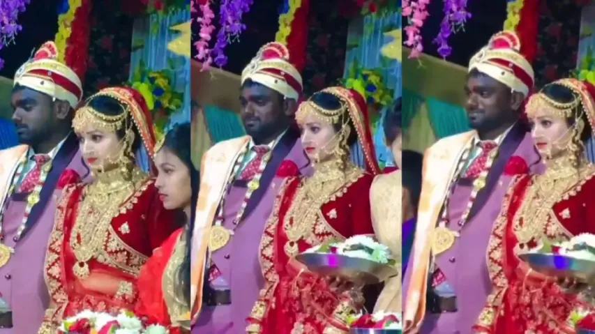 A happy groom but serious bride on wedding stage sparks debate on 'govt job power'