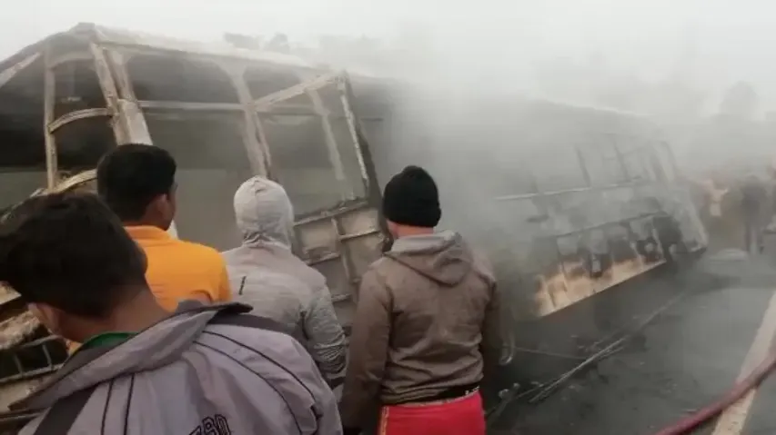 Bus catches fire after hitting divider, close shave for 20 patients