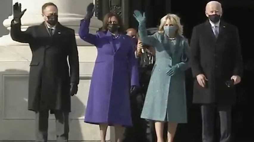 Kamala Harris Rocks Purple Outfit, Husband Emhoff In Ralph Lauren Suit