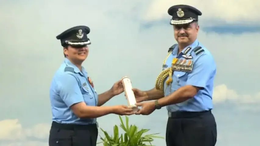 Wing Commander Deepika Misra receiving her Vayu Sena Medal