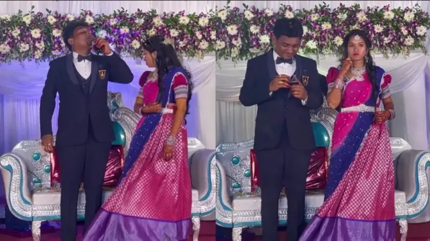 Groom’s friends make him drink sneakily on wedding stage