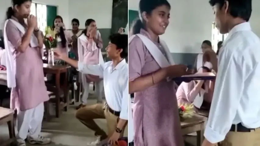Boy goes down on his knees to propose to girl inside classroom, watch how she and her classmates rea