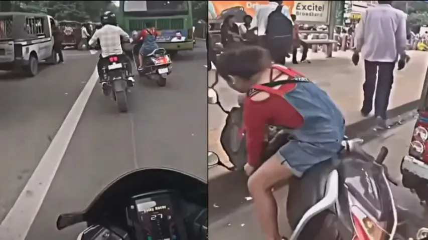 Girl picks up fight with boy after self-caused accident, watch