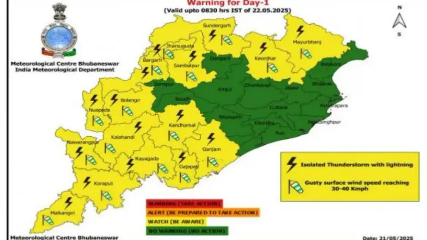 Thunderstorm, lightning with 40-50 kmph gusty wind alert for Odisha districts till May 26: IMD