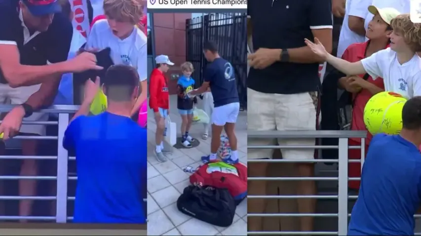 Adult steals Tennis cap from kid, Kamil Majchrzak tracks him down, watch