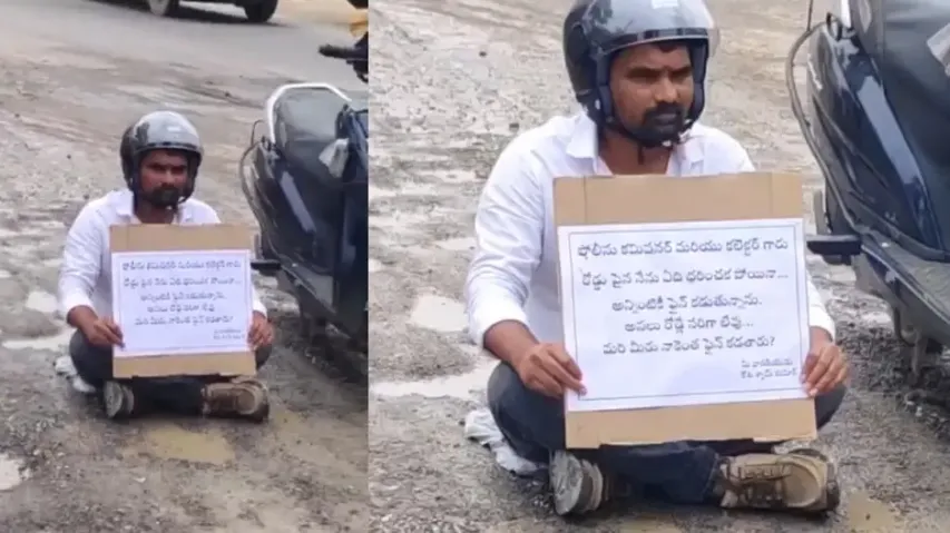 Telangana youth stages unique protest on mid-road over potholes, watch